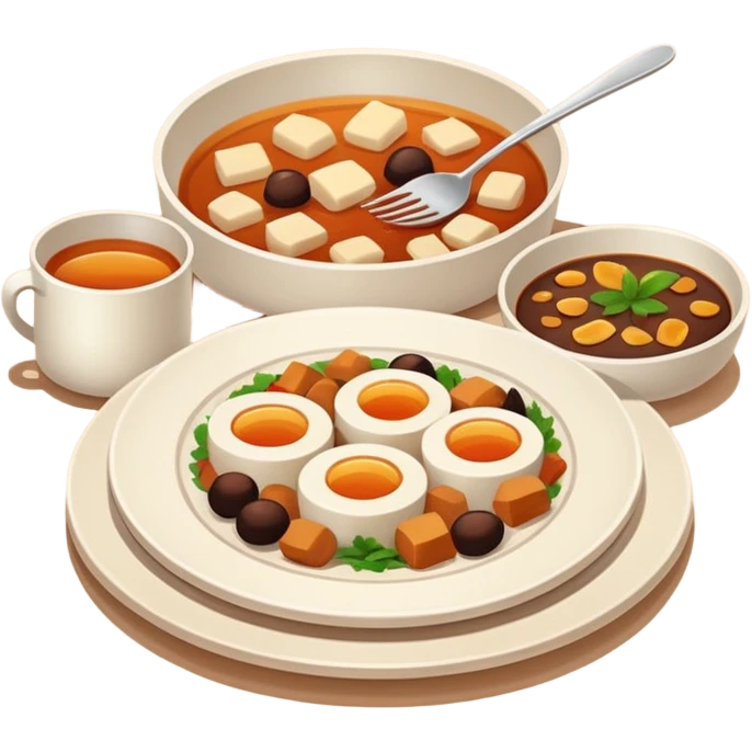 Homemade dishes on a plate, warm cozy colors, simple shapes, flat design, high contrast, friendly and inviting. emoji