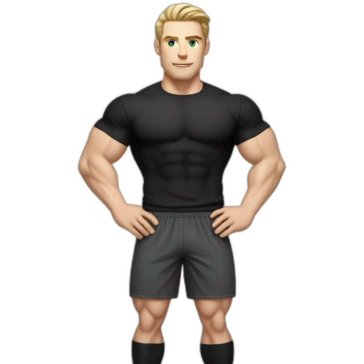 Pale skinned Fit Man With the biceps and dark brown hair in black shirt, gray sports shorts and white Sneakers emoji