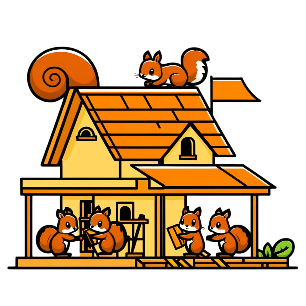 squirrel hut under construction with four workers emoji