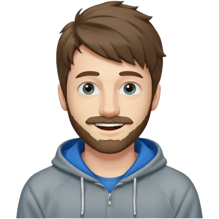 25 year old man, short scruffy beard and thin moustache, brown puffy mullet, blue eyes, big smile, white teeth, big lips, pronounced jaw, hair longer in back, sticking up on top, thin face, grey hooded sweatshirt, pale skin, big smile, blue eyes, puffy hair emoji