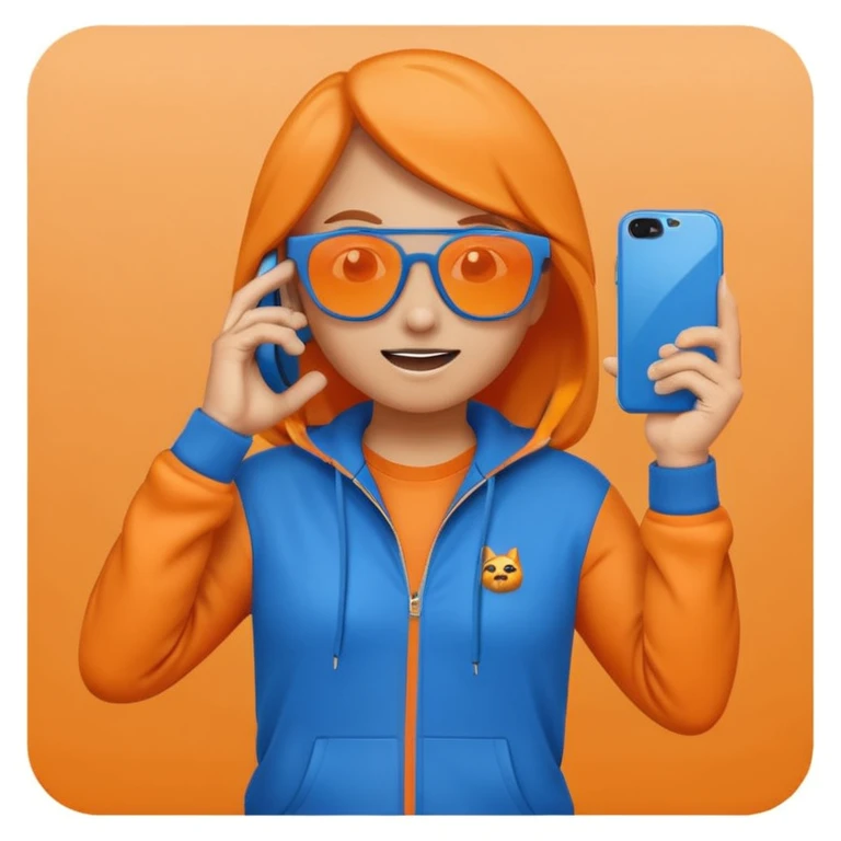 fun emoji-style character in a blue tracksuit, wearing dark sunglasses, holding hand to ear like a phone, playful energetic expression, orange misty background emoji
