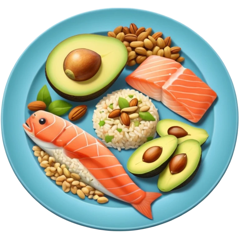 plato con comida variada granos aguacate salmon nueces arroz emoji