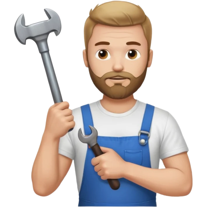  guy who looks very handsome, he has a beard, wears a white tee shirt and holds a wrench in one hand and a black hammer in the other  emoji