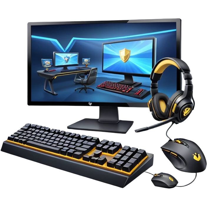 An icon featuring a gaming setup with a high-tech monitor displaying a competitive game, a keyboard, and a gaming mouse. The design includes a headset and a trophy, symbolizing victory and skill in esports. Transparent background highlights the energy and precision of professional gaming. emoji