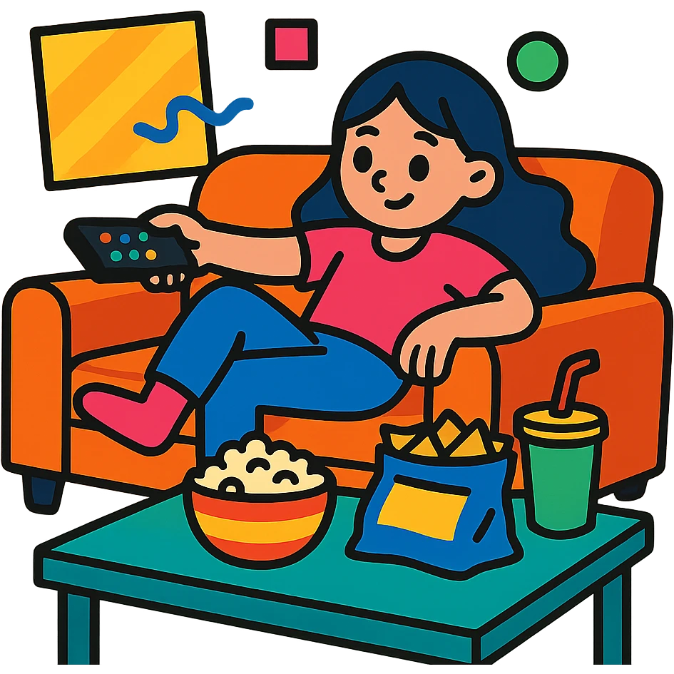 girl sprawled on sofa, TV remote, snacks, colorful scene emoji