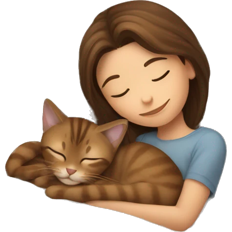 brown haired girl sleeping with tabby brown cat in bed emoji