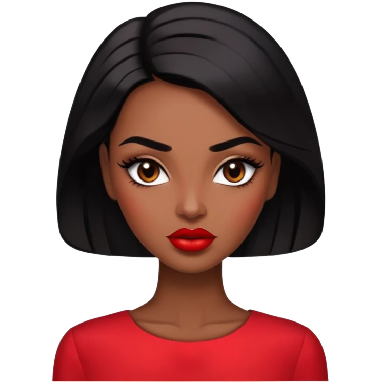 Glamorous woman with deep brown skin, defined features, expressive dark eyes, thick eyebrows, full lips with red lipstick, sleek black hair, wearing a red blouse emoji