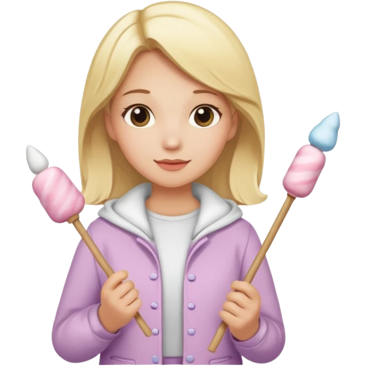 blonde woman cute clothes holding marshmallow stick emoji