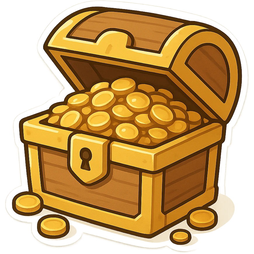 一个金色的宝箱，宝箱里面有许多金币 emoji