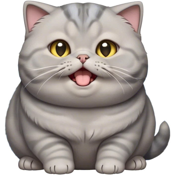 Cinematic Cute Chubby Grey Munchkin Scottish Fold Cat Portrait Emoji, Adorable folded ears and tiny, stubby legs making it irresistibly cute, round and plump body, head tilted playfully and yawning, sleek soft grey fur with subtle blue undertones, big, sparkling yellow eyes, Simplified yet adorable features, highly detailed, glowing with a warm, friendly glow, high shine, curious yet calm, stylized with a touch of whimsy, bright and endearing, soft glowing outline, capturing the essence of a mischievous yet loving and lazy kitty with its signature folded ears and tiny legs, so cute it feels like it could stretch out of the screen and cuddle! emoji