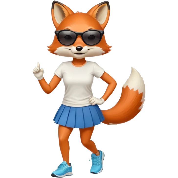 friendly anthropomorphised female fox in skirt and t-shirt, wearing dark sunglasses, jogging upright in standard pose emoji