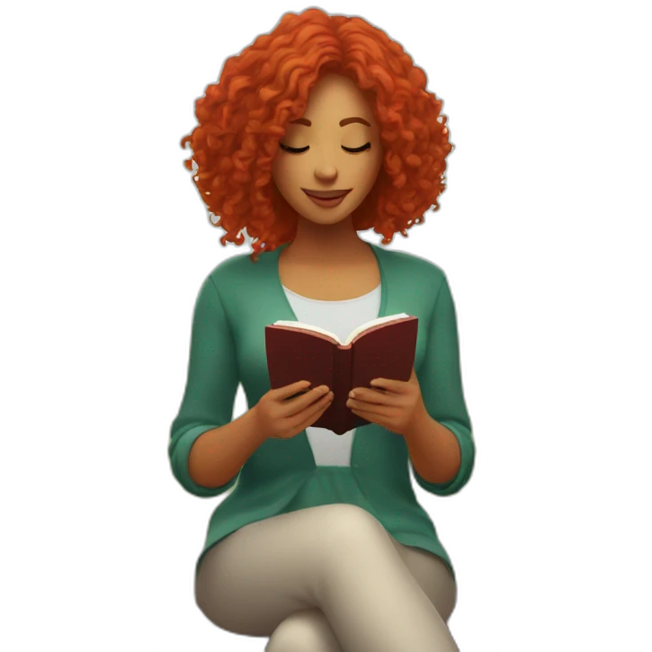 woman with long curly red hair reading a book with a glass of wine in a park emoji