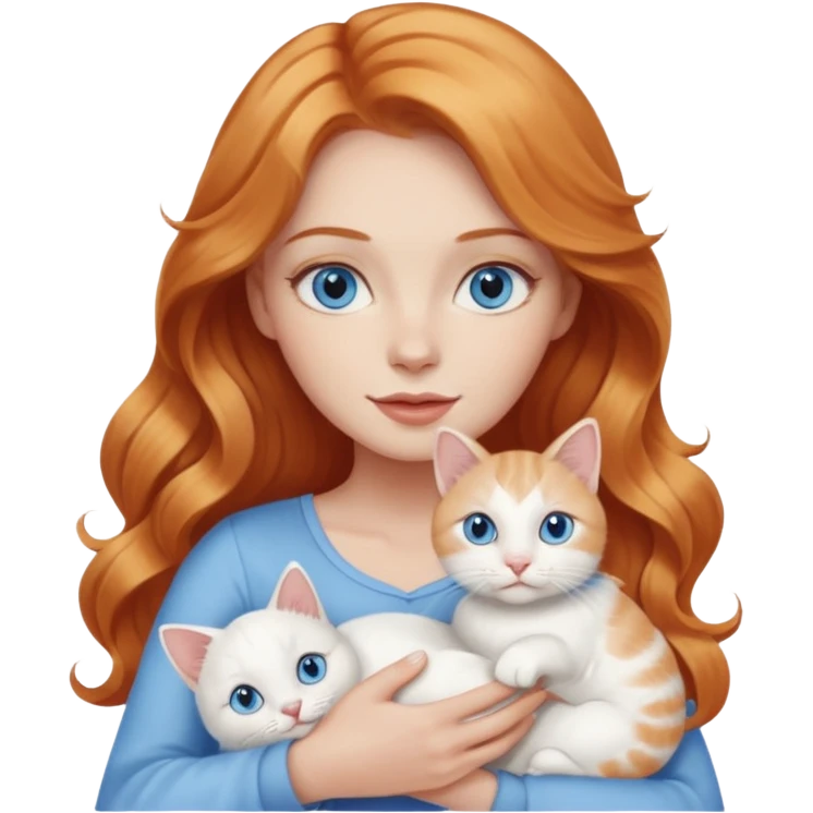 Long wavy strawberry blonde blue eyes woman with a white cat with blue eyes realistic  emoji