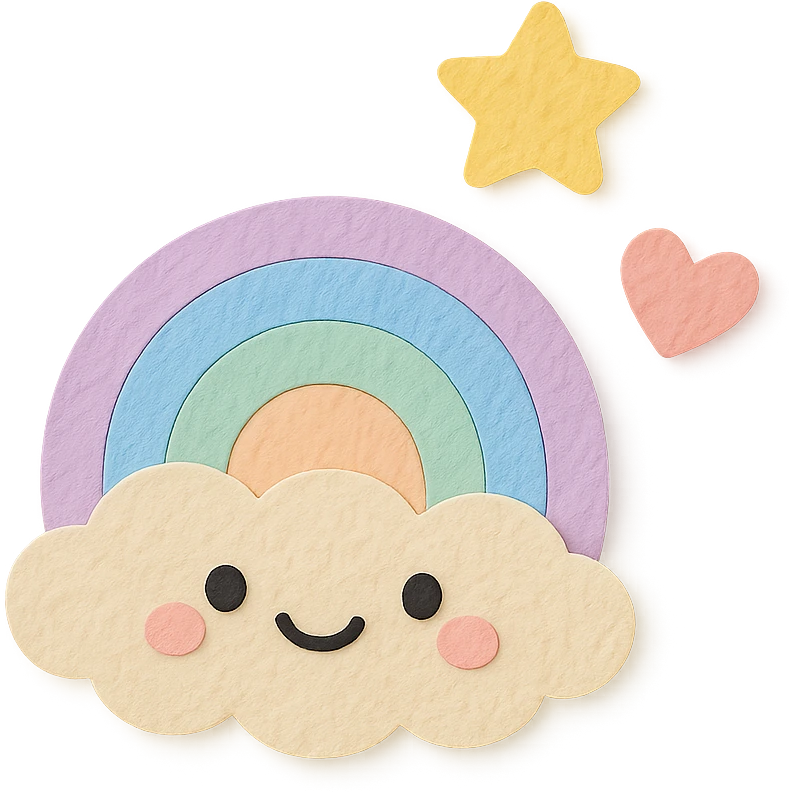 kawaii tiny rainbow, floating star and heart, soft pastel palette, no arms or legs, transparent background, full body, paper craft style emoji