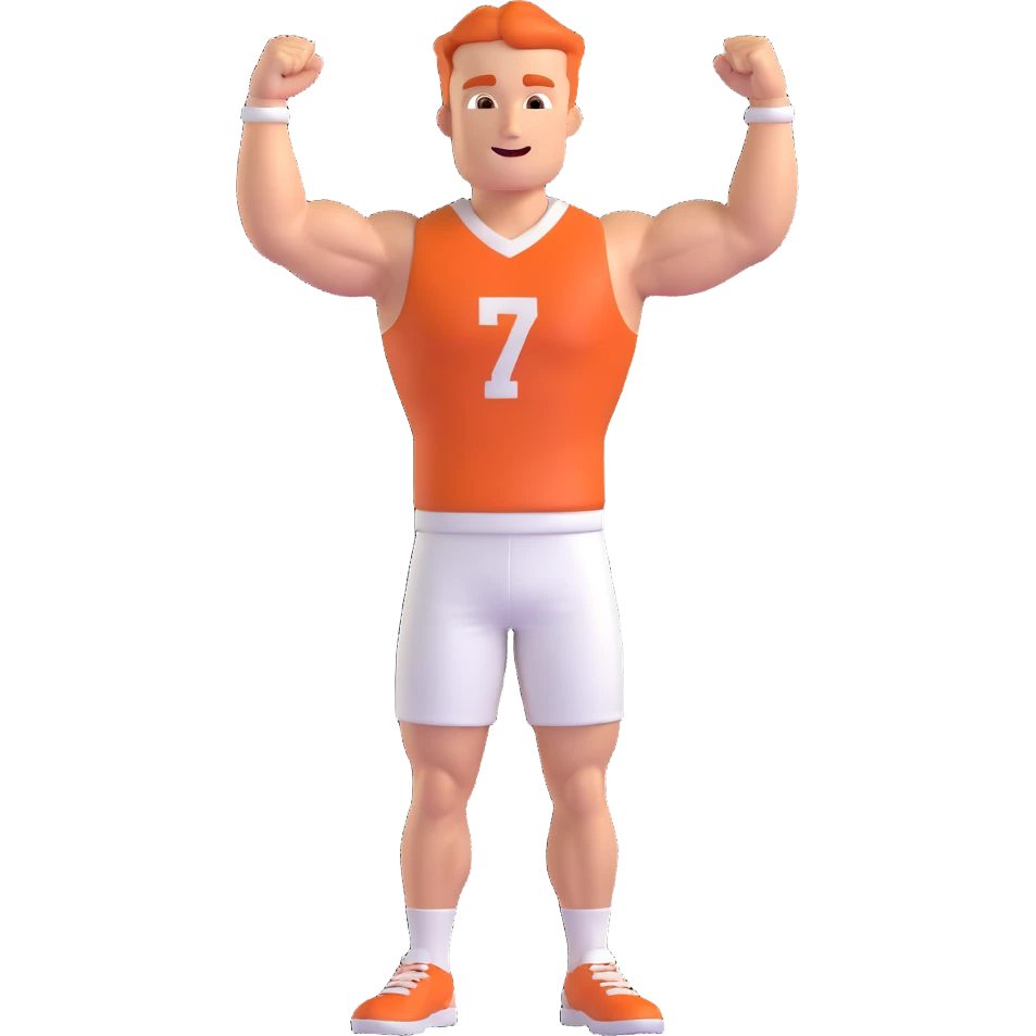 realistic 3D icon of a handsome, muscular male student American football fan cheering for the University of Texas, wearing burnt orange and white emoji