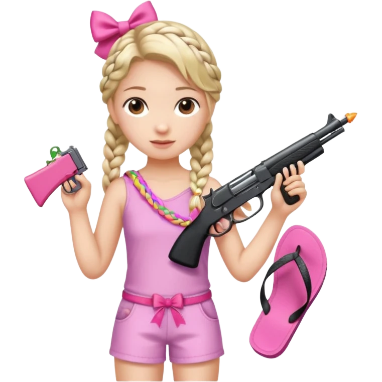 A girl who has a braid on one should and has a flipflop in one hand that has a bow while in the other hand she has a gun with a bow  emoji