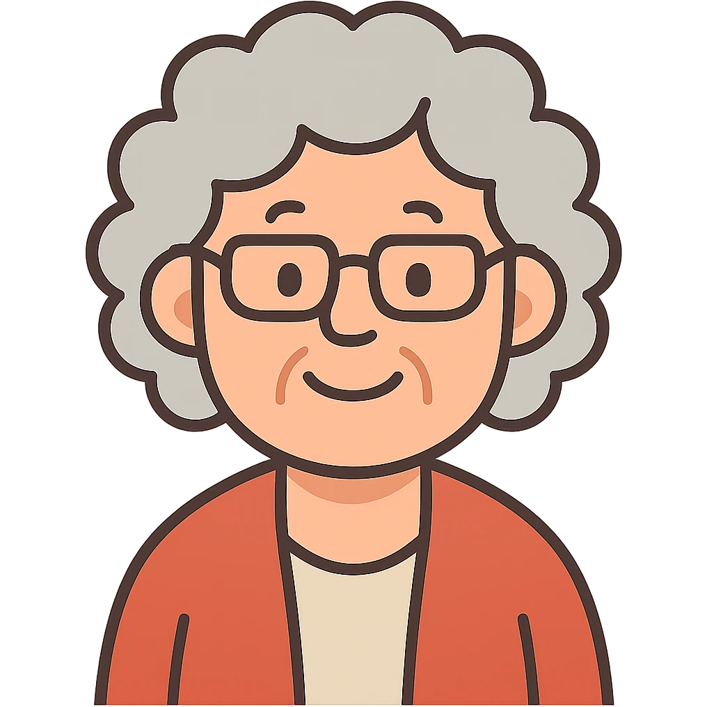 flat toon style smiling elderly Caucasian woman, grey curly hair, glasses emoji