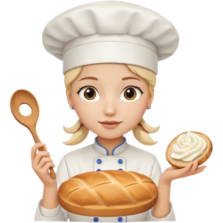 Young female baker - white chef hat, holding cream piping bag to milk oil on bread emoji