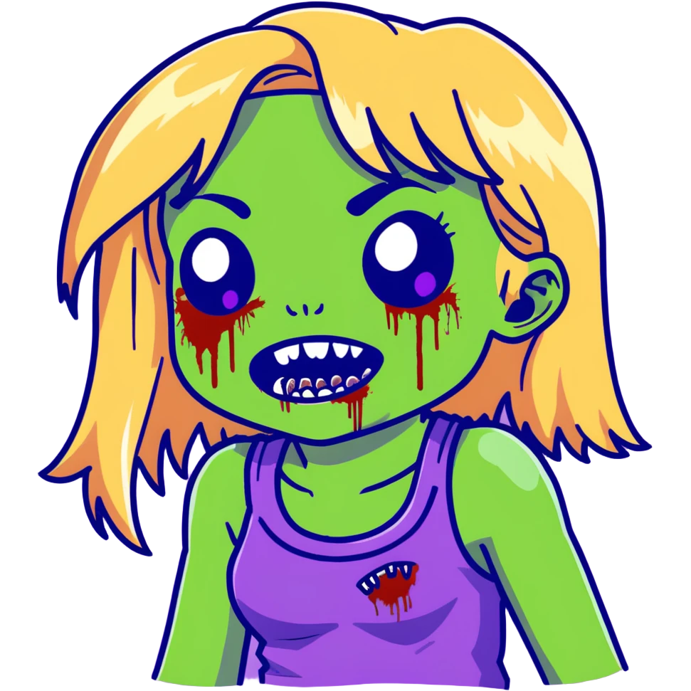 Zombie girl with green skin, purple bruises, gaping mouth, blonde long hair with bangs emoji
