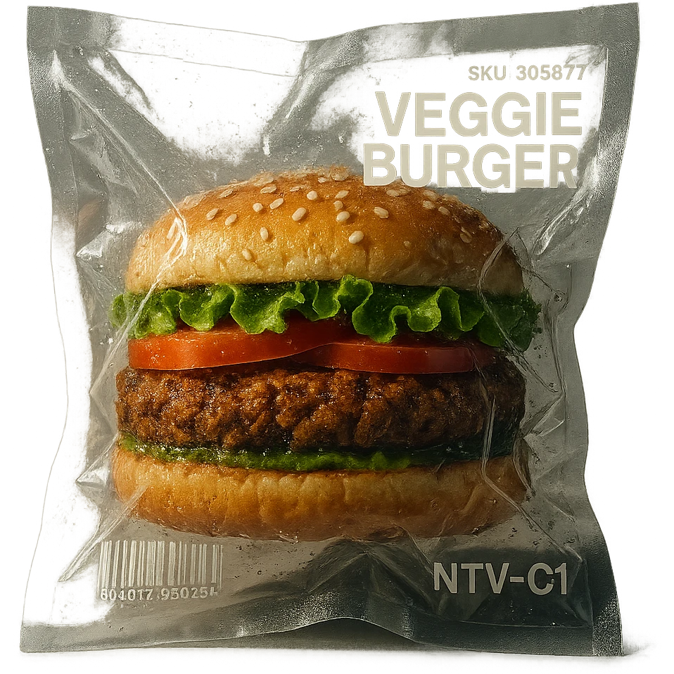 vacuum-sealed veggie burger, squished and reflective emoji