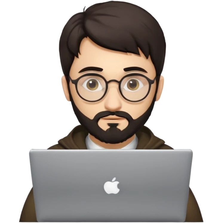 23 year old Azerbaijani man with very dark brown hair and beard with glasses and laptop , light yellow skin face, not European, glasses like a harry potter emoji