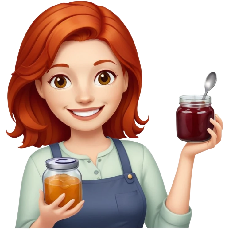 redhead woman with big smile holding a glass jar with jam in one hand and a little spoon with jam in other hand emoji