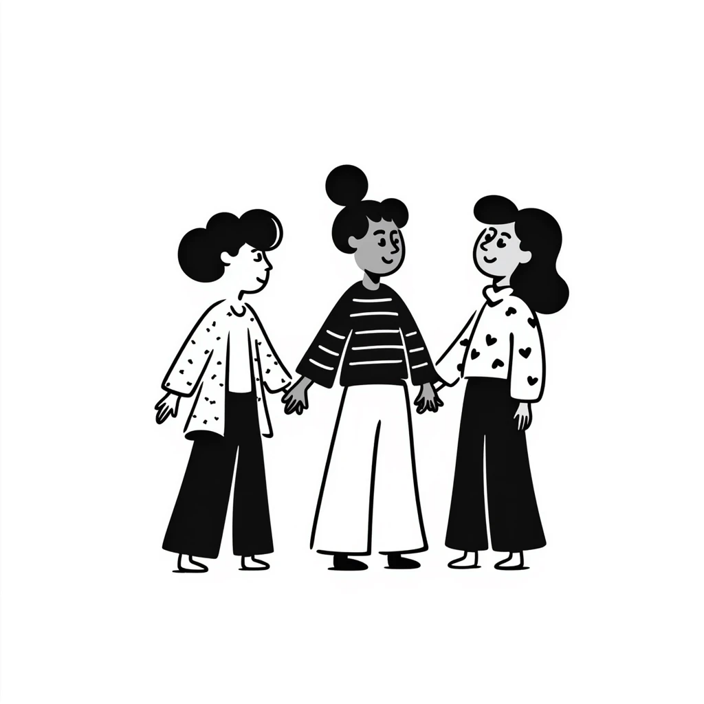 hand-drawn doodle style group logo with playful people holding hands emoji