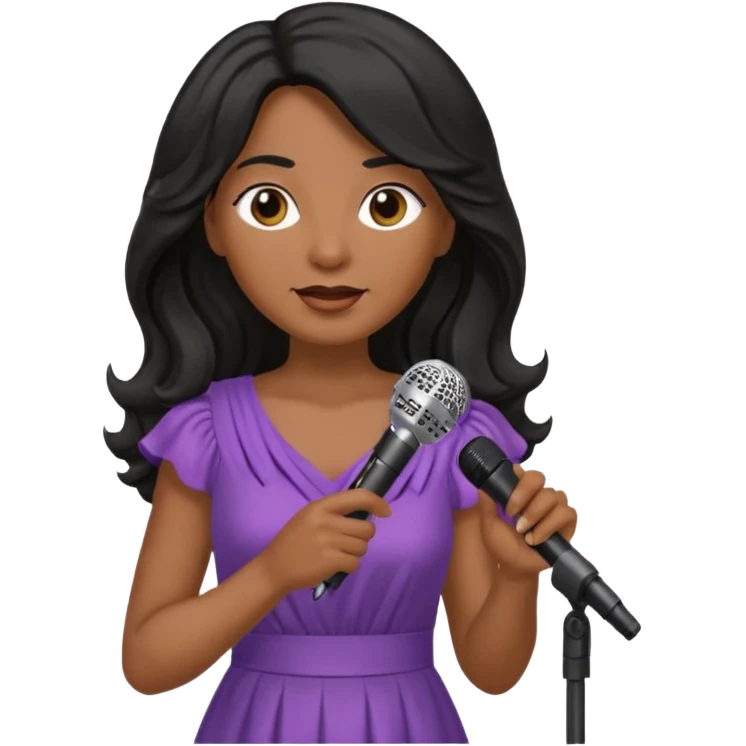 Middle age, long wavy black hair, brown skin, wearing dress, holding mic emoji
