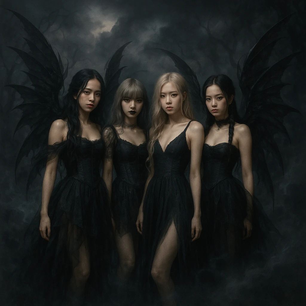 Blackpink in fairy goth style, ethereal, dark wings, mystical atmosphere emoji