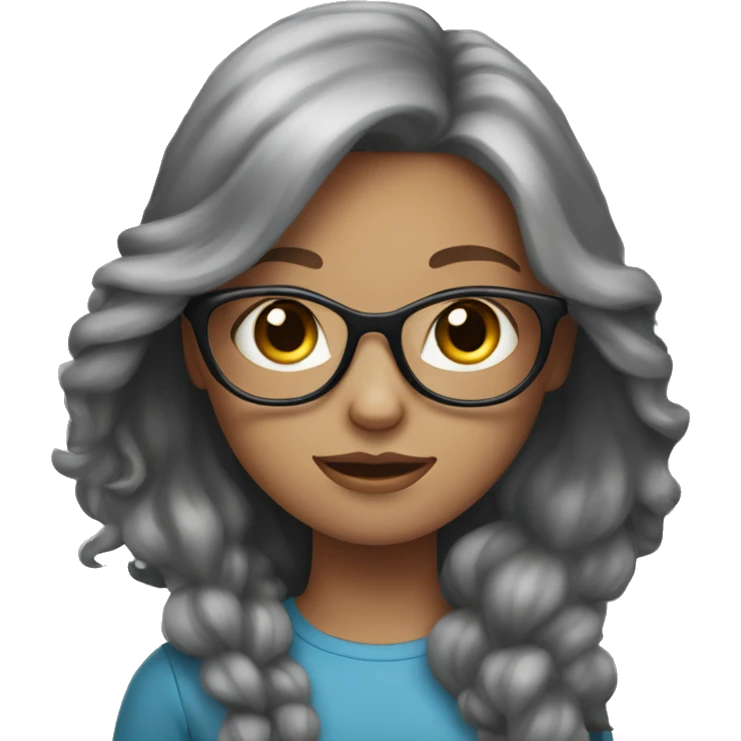 A long hair red headed girl with blue eyes, light skin, black glasses, holding an all grey cat  emoji