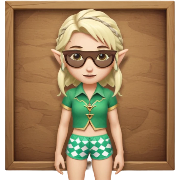 elf female legolas portrait, patterned board shorts (geometric/abstract), unique wooden-framed sunglasses, undercut hairstyle, slight smirk, visible pointy ears, no background, centered emoji, hipster summer vibe emoji