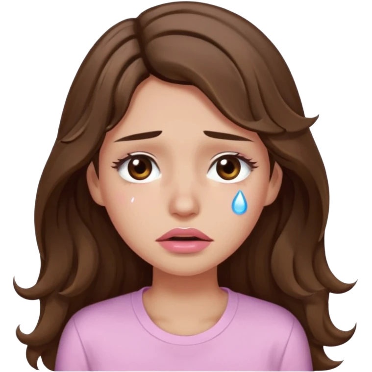 girl with wavy long brown hair, brown eyes, light to medium complexion, long lashes, light pink lipstick, wearing light pink shirt, weeping lots of big tears emoji