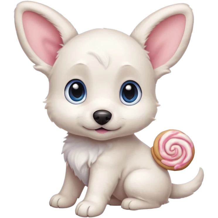 a shy but friendly white puppy with long ears that let him fly, blue eyes, pink cheeks, and a tail shaped like a cinnamon roll emoji
