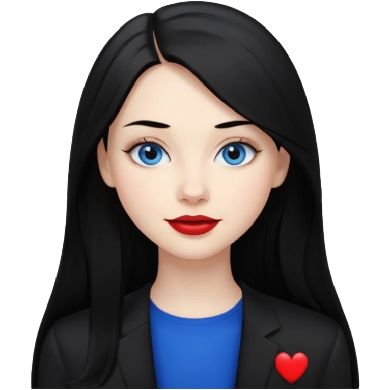 20 yr old woman long straight black hair, pale skin, blue eyes, red lipstick, black clothes, small smile emoji