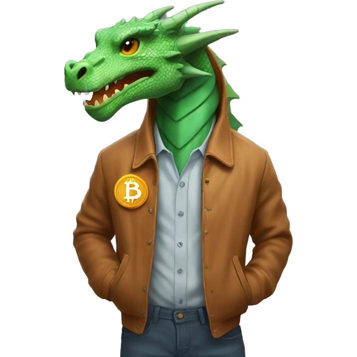 a dragon in a jacket with bitcoin in his hands emoji