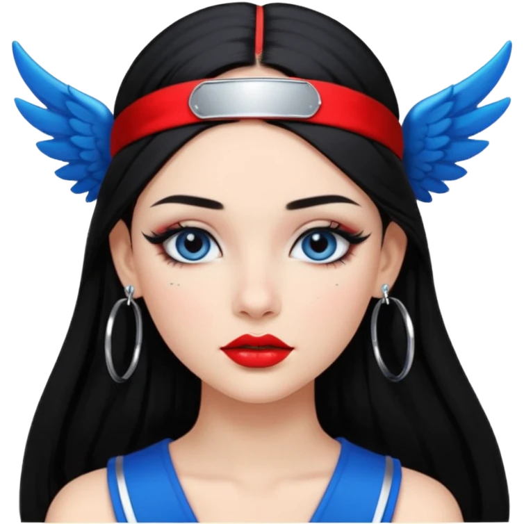 Girl with Black long straight hair with headband black one that puts hair pushed back winged eyeliner both upoer and lower line blue eyeshadow silver hoops  emoji