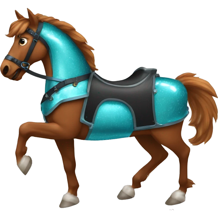 Chestnut and black speckled brindle horse running galloping wearing blue and cyan armour  emoji