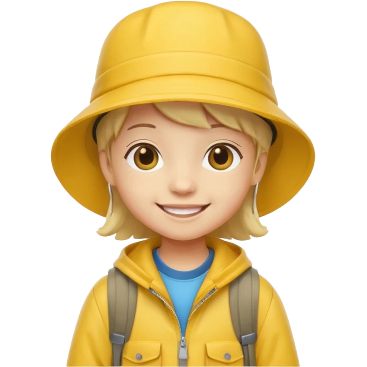 Little student wears yellow bucket hat and jacket, backpack, happy emoji