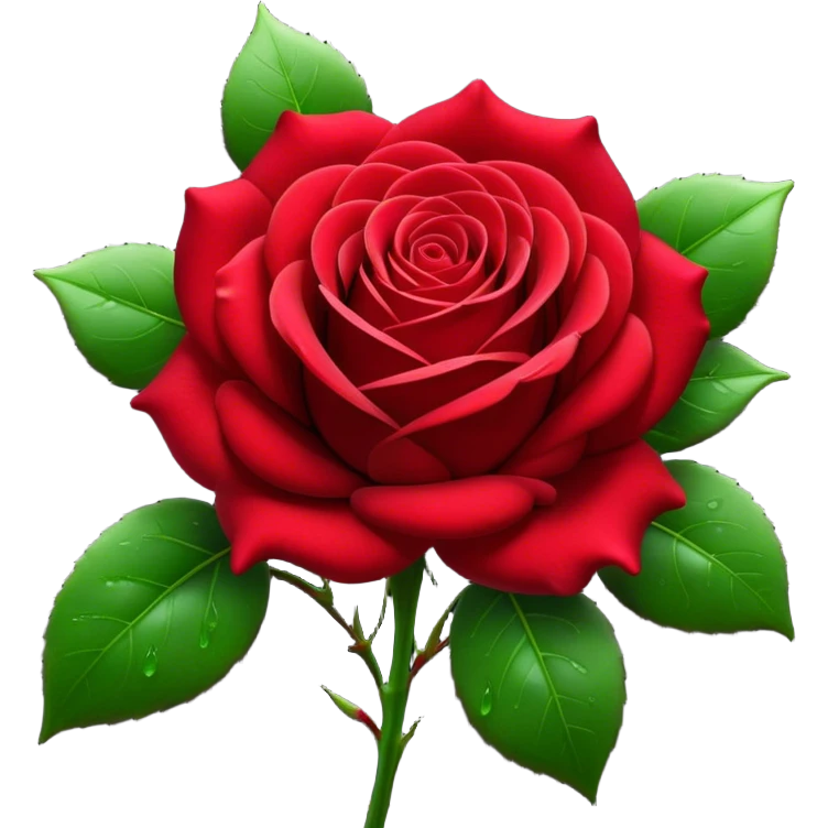 Cinematic Realistic Rose Emoji, Elegant and full of grace, with velvety, deep red petals unfurling in a perfect bloom, dew drops glistening on the soft edges, and a faint fragrance hanging in the air. The lush green leaves surround the stem, creating a vibrant contrast to the rich color of the petals. Soft glowing outline, capturing the essence of timeless beauty and romance in a single bloom. emoji