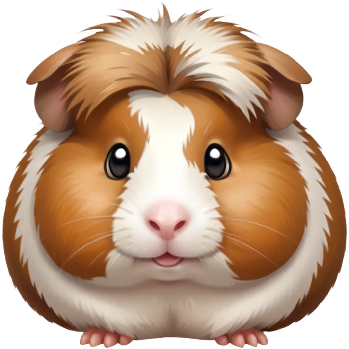 Cinematic Cute Brown and White Banded Guinea Pig Portrait Emoji, Head tilted playfully and inquisitively, showcasing a fluffy coat with playful brown and white banded patterns, round, sparkling dark eyes filled with curiosity, Simplified yet irresistibly adorable features, highly detailed, glowing with a warm, friendly glow, high shine, affectionate and spirited, stylized with a touch of whimsy, bright and endearing, soft glowing outline, capturing the essence of a mischievous yet loving guinea pig, so playful it feels like it could dash out of the screen and into your arms! emoji
