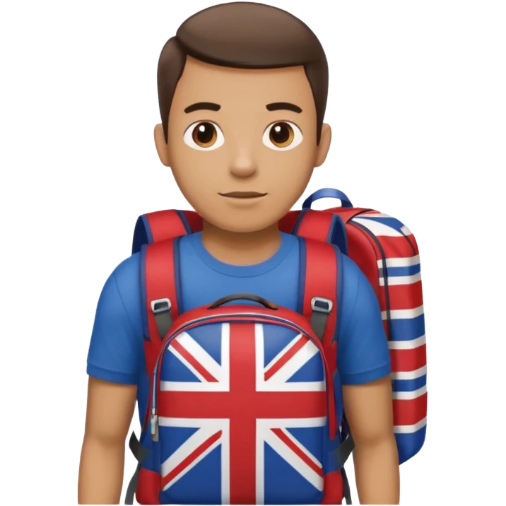 A guy with a backpack and a Union Jack on his T-shirt holds the Union Jack. emoji
