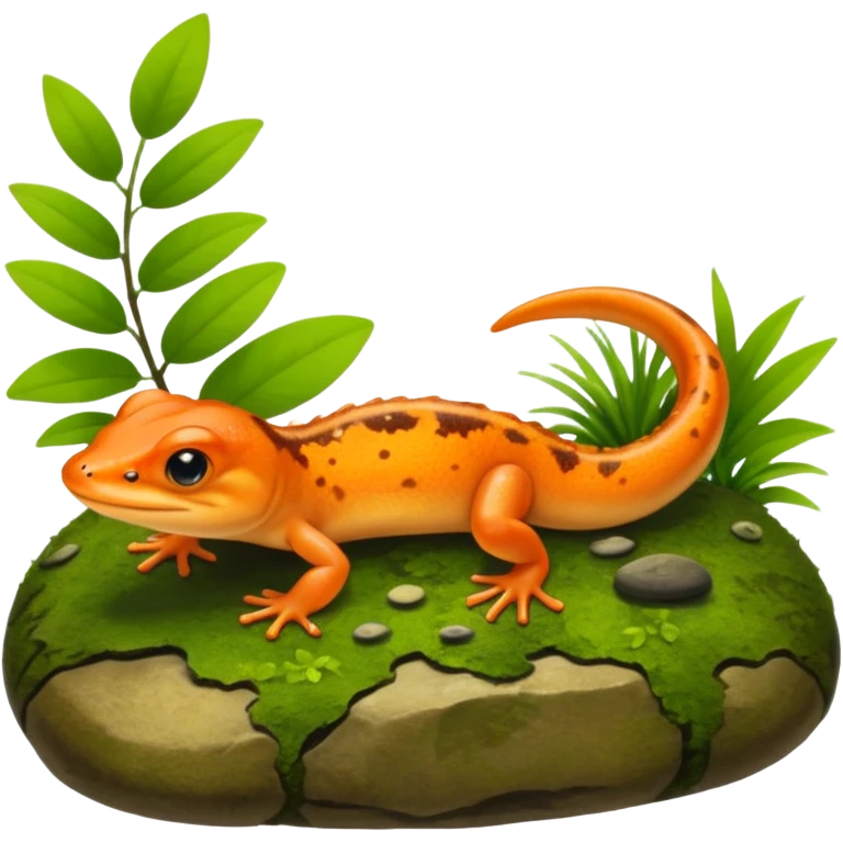 A small orange-brown newt on a mossy rock near a pond. Realistic lighting, visible tail, green plants and soft sunlight, detailed wildlife photo. emoji