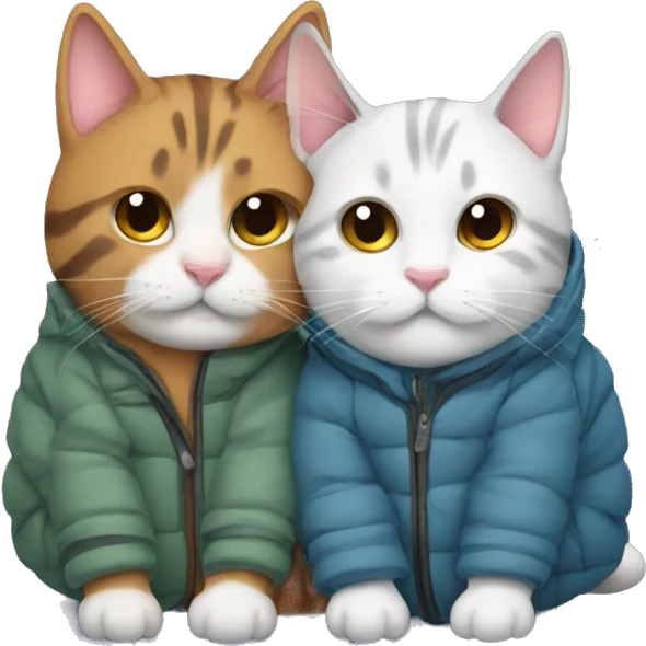 2 cats wearing winter jackets snuggling  emoji