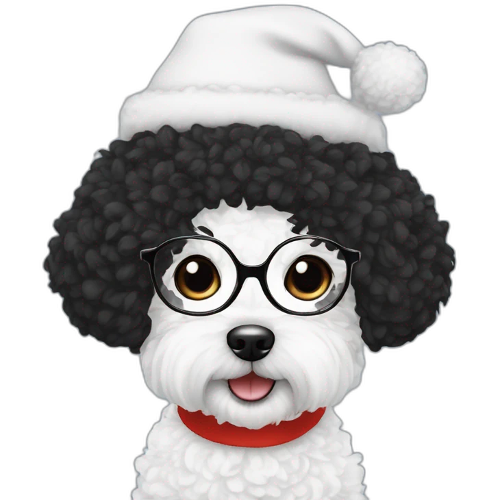 woman-black hair-christmas hat-with glasses-with bichon dog-white-smile emoji
