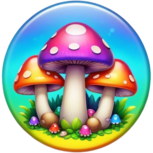 A round psychedelic colored button with bezeled edges and rainbow colored mushrooms emoji