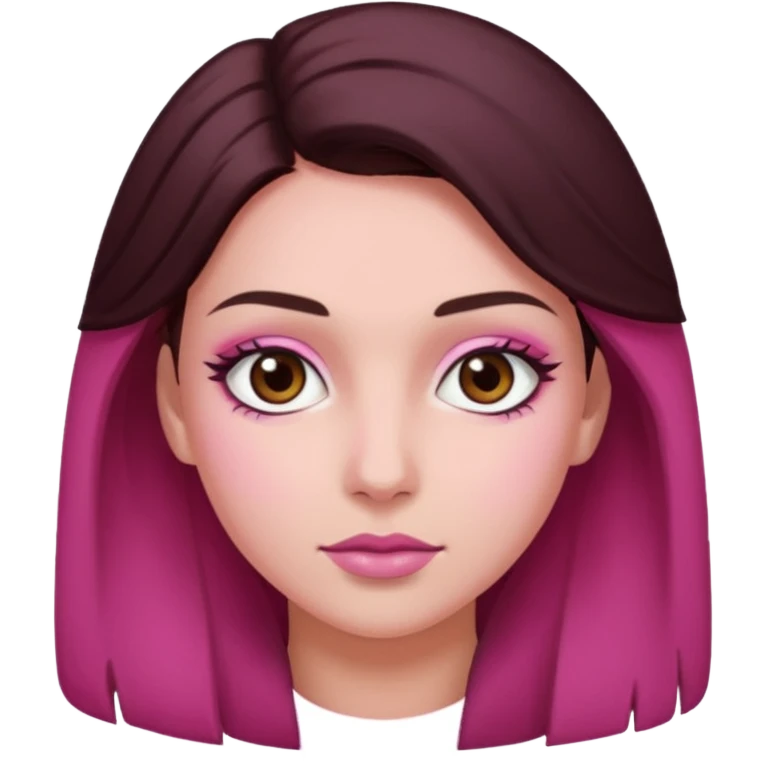 Woman with pink all skin, white background, dark brown hair and hazel eyes and brown eyebrows emoji