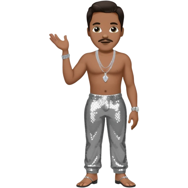 Charlie Wilson with dark brown hair, silver sequin baggy pants, shirtless with necklace emoji