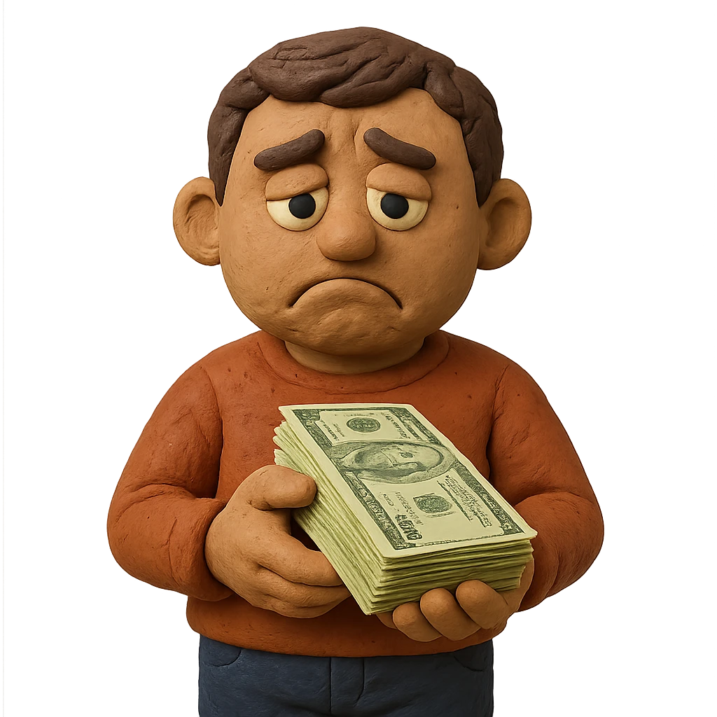 claymation style dark brown haired guy with a round face, disappointed expression, holding a stack of cash emoji