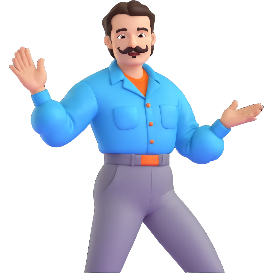 character with slicked back shiny dark brown hair, handlebar mustache, flamboyant light blue puffed sleeve shirt, cheeky deadpan face, one hand forward Latin dance pose emoji