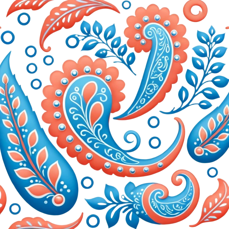 paisley motif, seamless pattern print in soft and bright Coral, pale blue, white and Bedazzled Blue colors. Must be visually appealing, 4k hd, 3000x3000, DPI 300 emoji